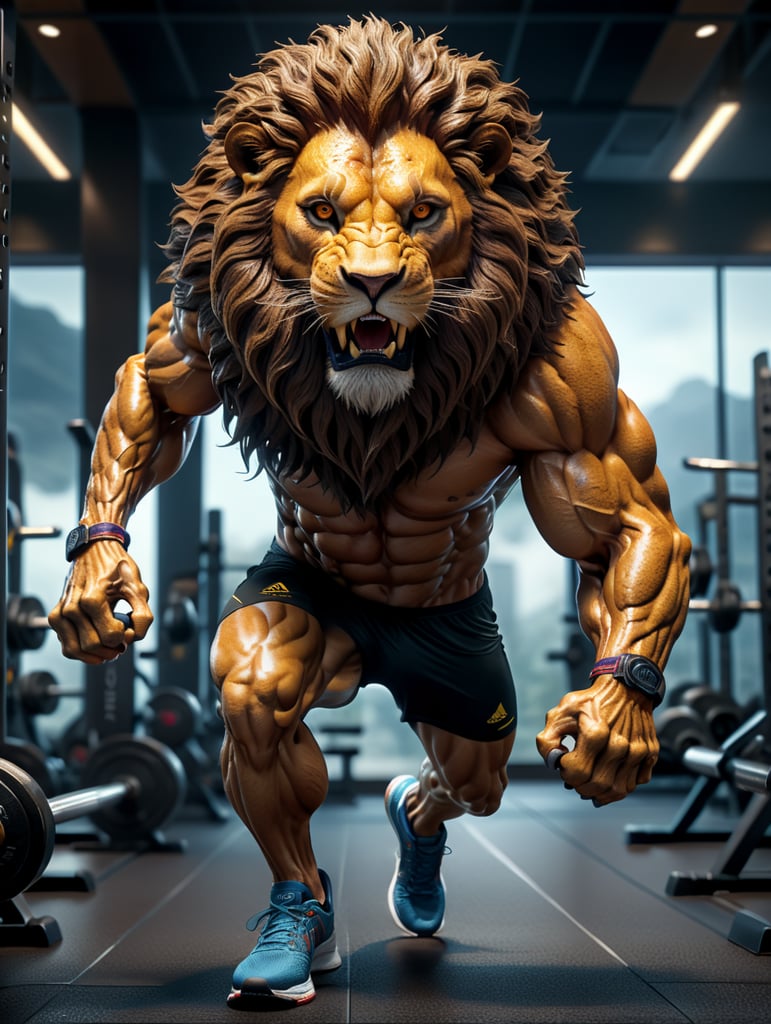 realistic lion man,8k, unreal engine render, full body wearing running shoes work out at gym