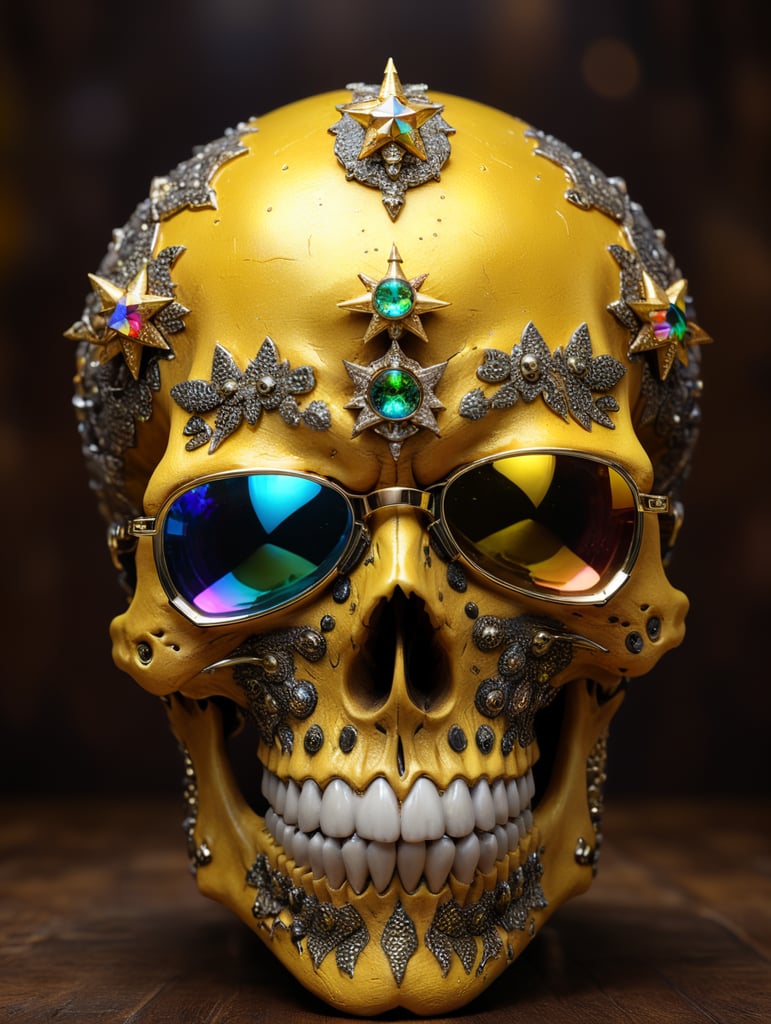 a skull made of holographic material with star-shaped glasses and leopard-fur lenses, yellow background