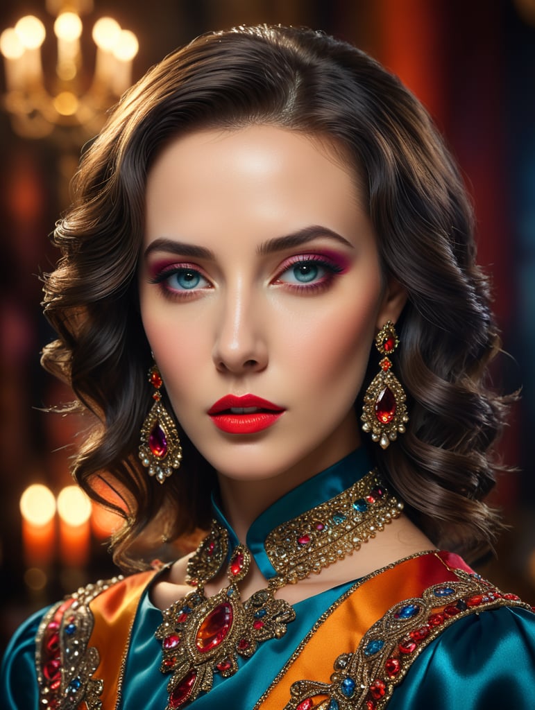 Portrait of Elizabeth Tabish, bright and saturated colors, elegant, highly detailed, vogue, fashion magazine, sharp focus, bright expressive makeup, dramatic lighting, depth of field, incredibly high detailed, blurred background