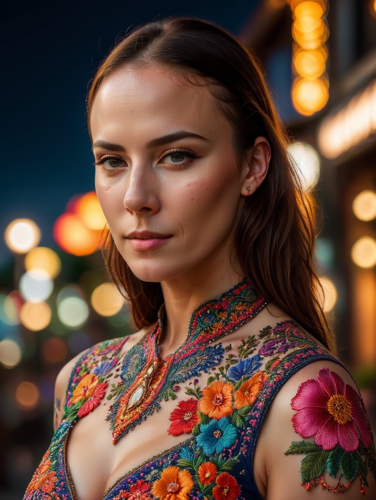 Beautiful hot bald woman with freckles, wearing a colorful, vibrant, detailed embroidered dress, medium-full shot, at night