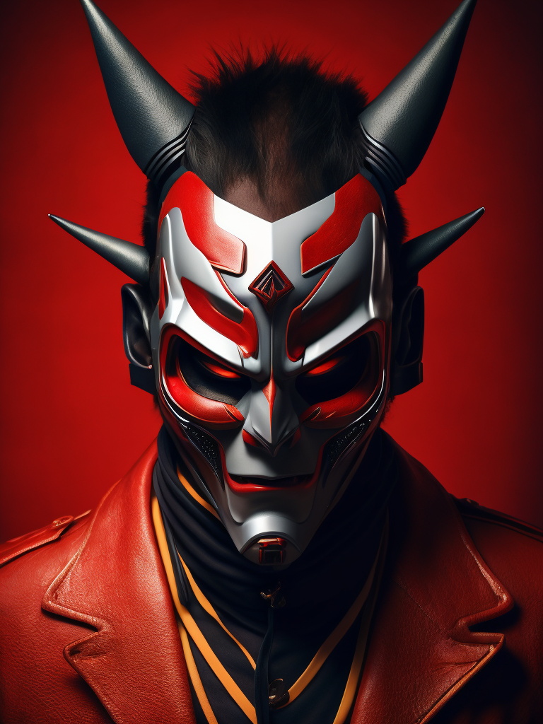 The hannya Samurai cyberpunk porcelain mask, fashion photoshoot, liquid red background