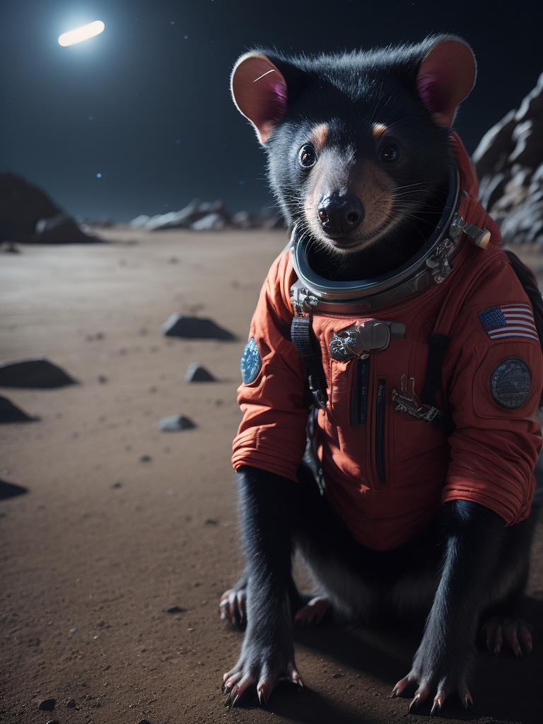 A tasmanian devil in astronaut costume on the ground of the planet mars