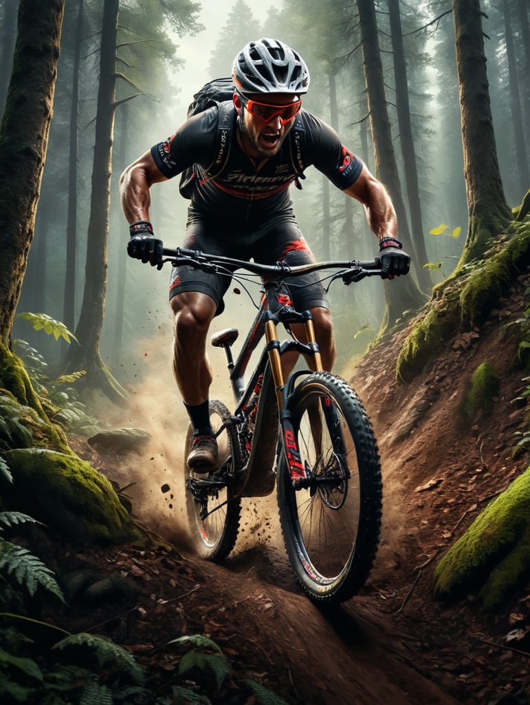 Person falling off their mountain bike mid race in a forrest