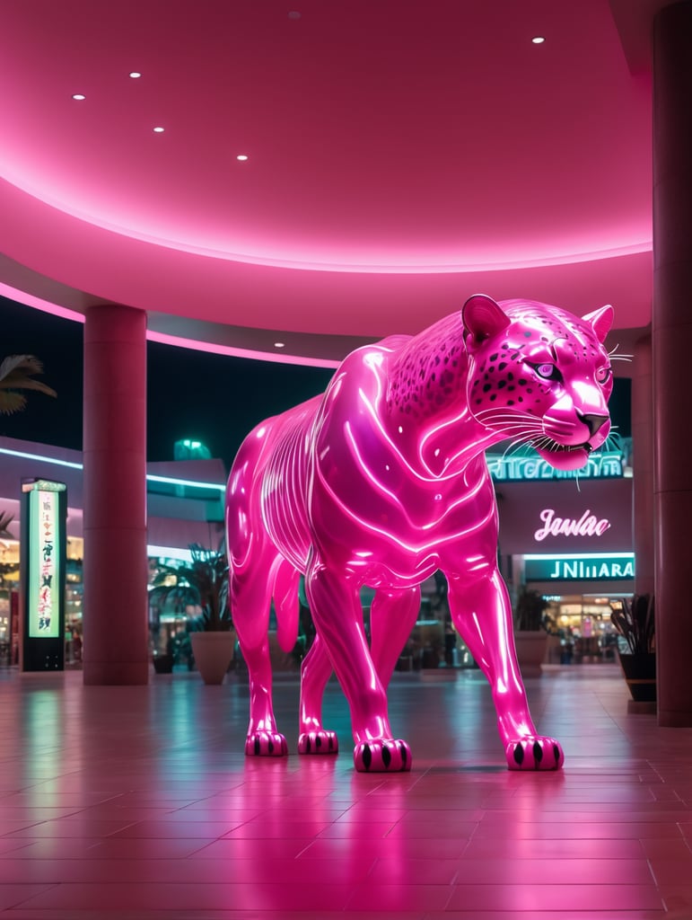 extra wide shot realistic translucent irridecent pink jaguar spirit animal in 90s mall at night