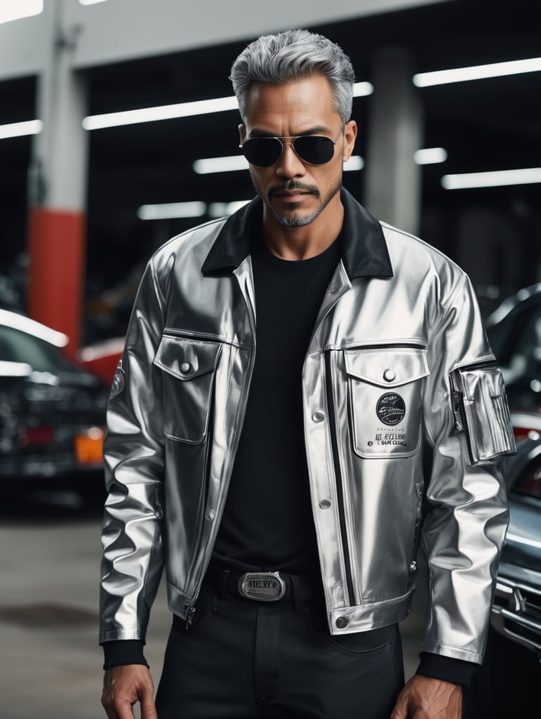 Jacket, futurist, mechanic, silver, shot on leica, fashion portrait, by kith