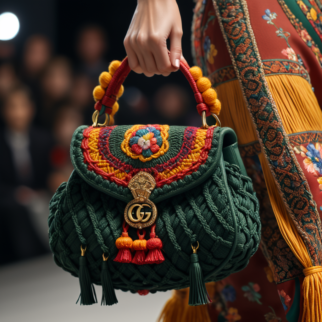 a closeup photo of a small puffy macrame purse made with puffy cords, a Gucci model standing on a runway holding bag with one hand, vogue fashion show, autumn colors
