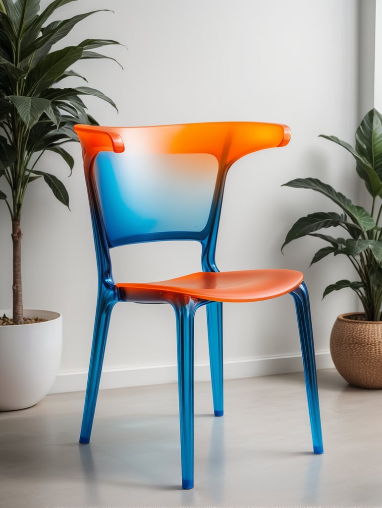 Una silla minimalista contemporánea de silicona semitraslucida con colores degradados azul cyan y naranja vibrante como si lo hubiera diseñado hi estudio.