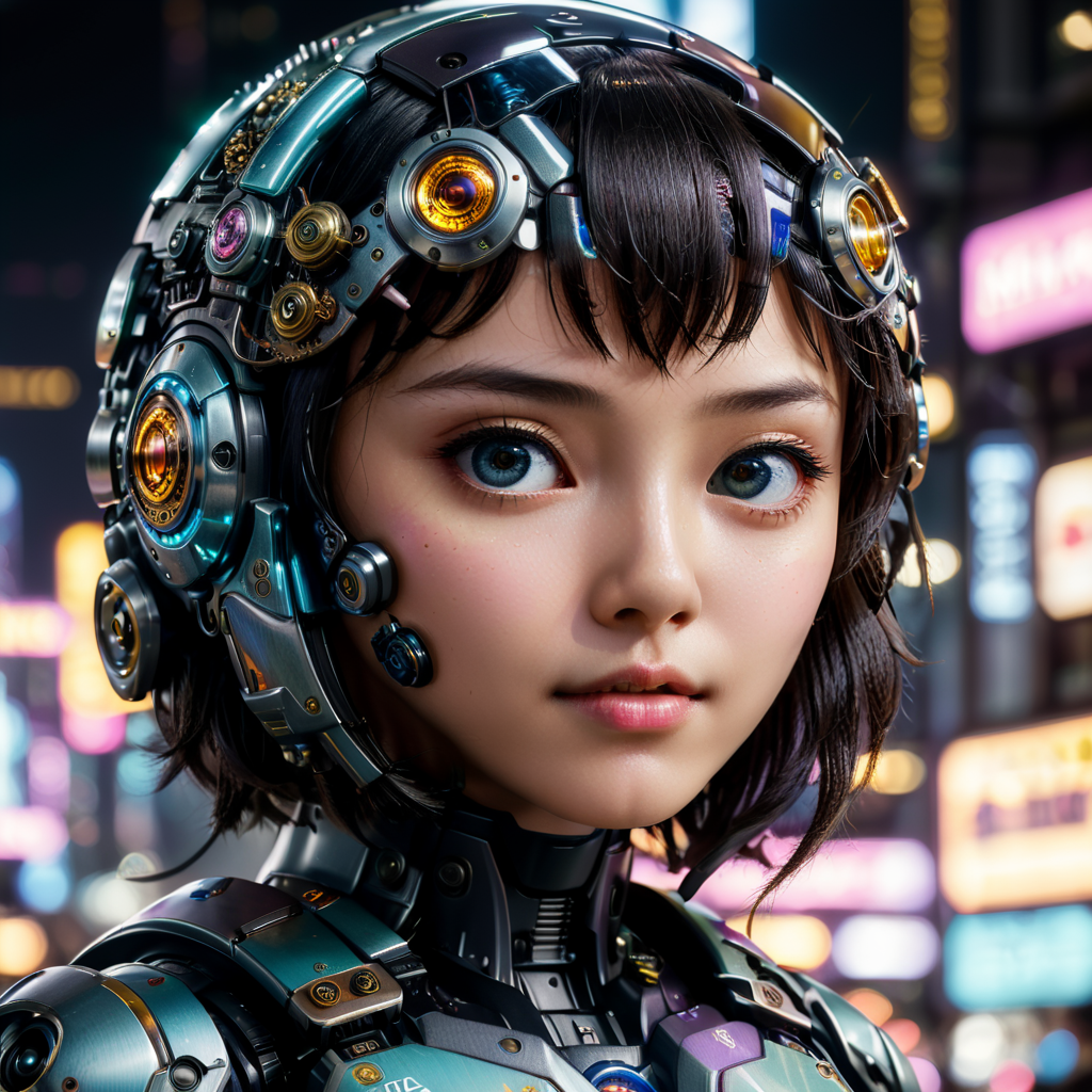 color photo of an anime manga robot, cute, an adorable robot with round, expressive eyes, its metallic body reflecting a soft, pastel color palette, intricate details in its design, from the buttons on its chest to the tiny gears on its joints, the robot exudes a sense of innocence and charm, its facial expression conveying a mix of curiosity and friendliness, the environment of the scene is a futuristic cityscape, with towering buildings and neon lights, creating a vibrant backdrop, the mood is lighthearted and playful, evoking a sense of joy and wonder, the atmosphere is filled with excitement and energy, the camera used is a compact mirrorless camera, the film type is digital, the lens details are a macro lens to capture the fine details of the robot's design, the camera techniques include low-angle shots to emphasize the robot's cuteness, directors: Hayao Miyazaki, cinematographers: Makoto Shinkai, photographers: Naoki Ishikawa, fashion designers: Junya Watanabe, —c 10