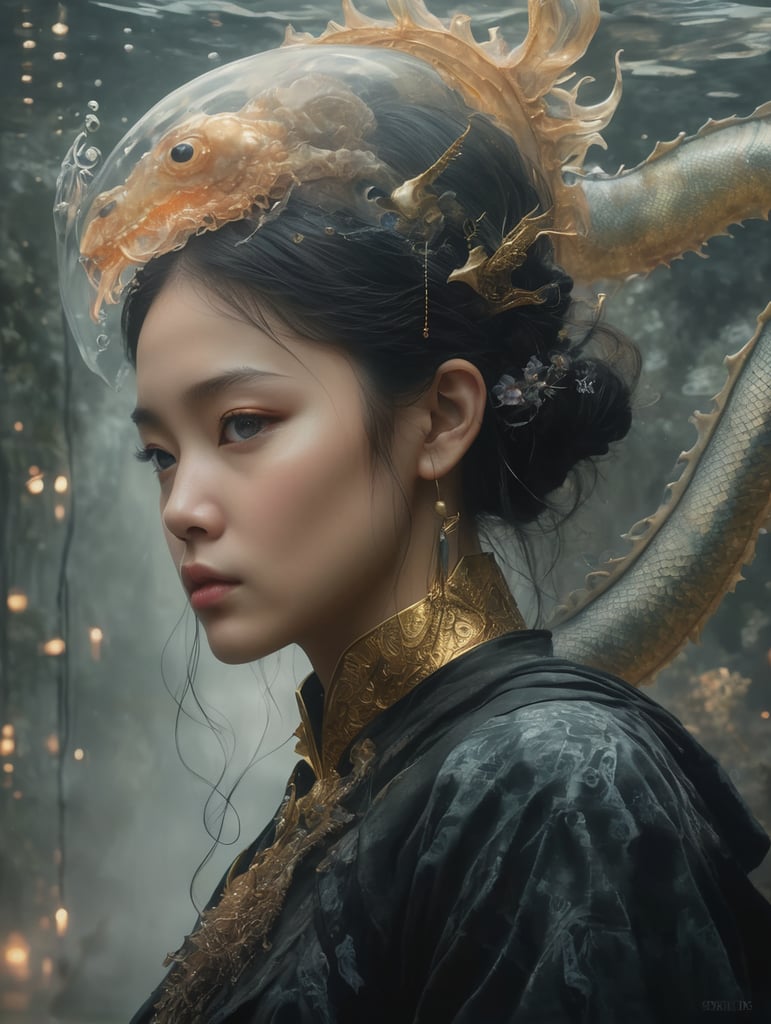 "In a mesmerizing 16K composition, a girl adorned with exquisite details stands before a water dragon in this AI-generated masterpiece. Realism meets cinematic allure with HDR enhancing contrast, vibrant colors, and a touch of muted tones for a soothing ambiance. Cinematic and ambient lighting cast warm tones, intensified by bright and intense elements for a captivating effect. This ultra-realistic illustration, influenced by the artistry of Android Jones, Januz Miralles, and the unique style of Hikari Shimoda, features a ghostly jellyfish radiating a shiny aura. Gold filigree and intricate motifs, inspired by the craftsmanship of Yoshitaka Amano, W. Zelmer, and otherworldly landscapes by Yoji Shinkawa:2.0, add depth. The composition skillfully blends elements from necronomicon art, botanical art, Egon Schiele, and Luis Royo, resulting in a masterful play of shadows, hyper details, and hyperrealistic qualities. An anime-inspired character with a hypnotic gaze, black baccara:2.0 mosaic glass scales, and an e