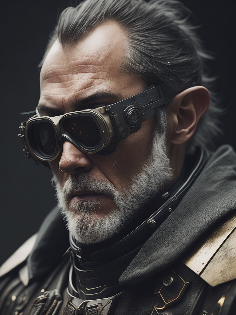 A grizzled veteran with a cybernetic arm and an eye patch, wearing battered armor made from salvaged metal that has been fused with living tissue. He carries a plasma rifle that fires bolts of bio-energy and a combat knife with a blade that shifts shape according to his mental commands. Dramatic biopunk close-up cinematic render by Oliver Wetter, Leiji Matsumoto, and Klaus Wittmann that evokes a sense of mystery and wonder. Produced in Cinema 4D