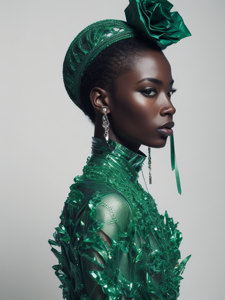 Resolute ebony woman model, gazing diagonally, adorned in extravagant and avant-garde attire, featuring plastic and latex elements, abstract forms, asymmetrical techno embellishments, dominant green hue, 4k resolution, medium frame, cinematic capture, reminiscent of Iris van Herpen aesthetics.