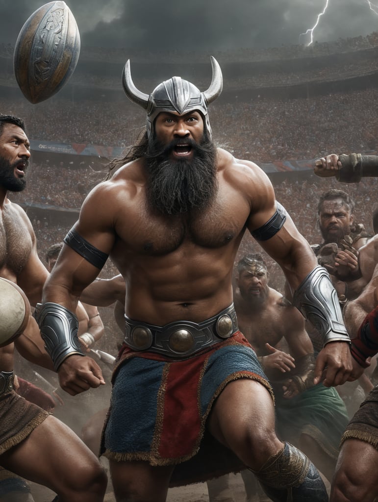 Fijian men with long beard shirtless playing rugby as thor god of thunder
