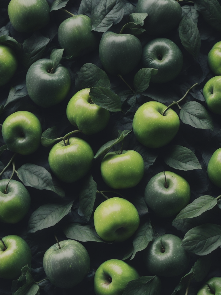 Apples pattern with green leaves, detailed Apples, macro photo