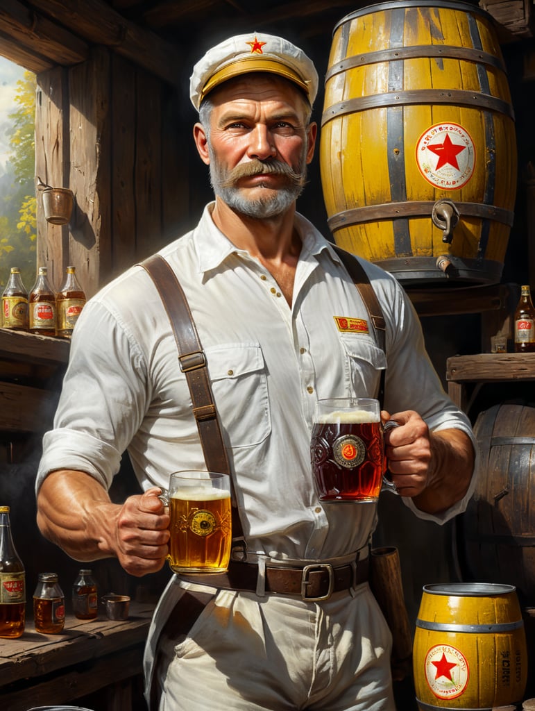 A Soviet man in a white shirt and cap holds a mug of kvass in his hands, a Soviet yellow barrel of kvass can be seen in the background