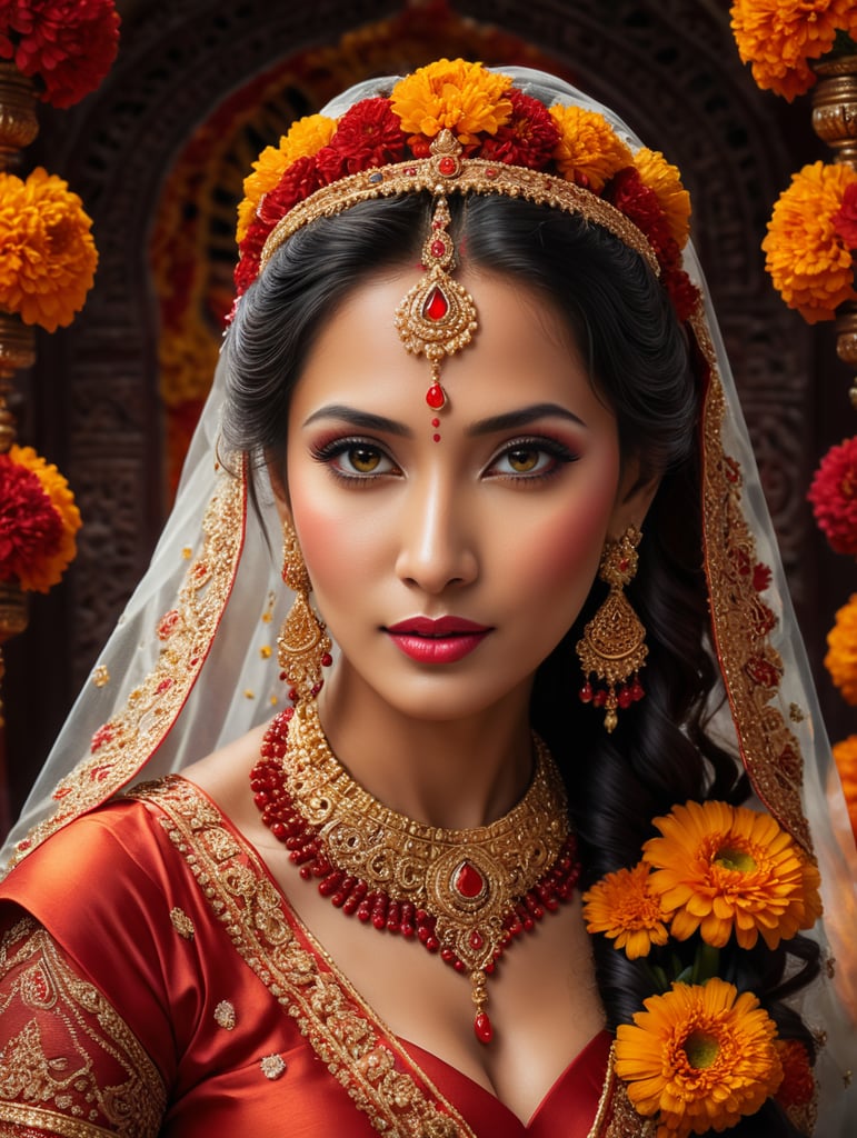 Design an image showcasing a bride wearing diamond jewelry against a backdrop of traditional Nepali wedding elements, such as vibrant marigold garlands, auspicious red hues, and intricate henna designs. don't show too many jewelry but create a visual for Nepali wedding. Photoreal