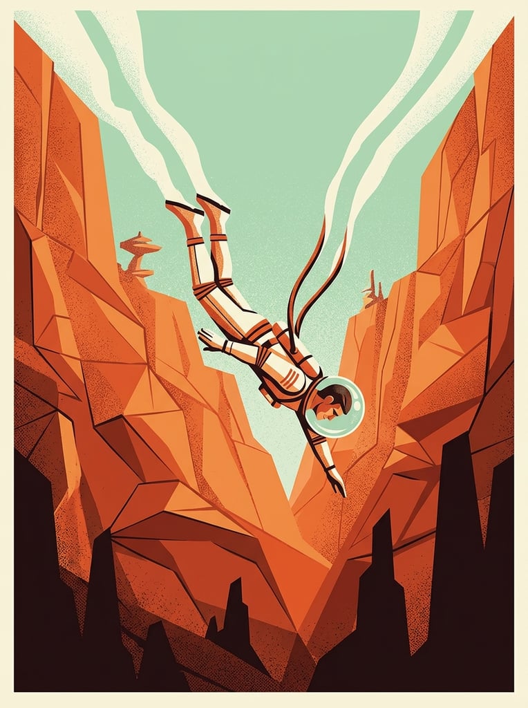 retro sci-fi astronaut diving through geometric terracotta canyons, bubble helmet, twin white vapor trails streaming from boots, angular layered rocks in warm orange and red tones, pale mint green sky, dark jagged silhouettes below, mid-century modern vector art, stippled grain texture, dynamic diagonal composition