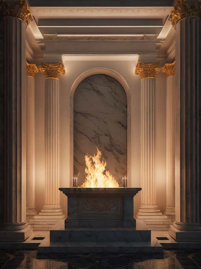 An altar of marble and fire in the greek style in olympus, hyperrealistic