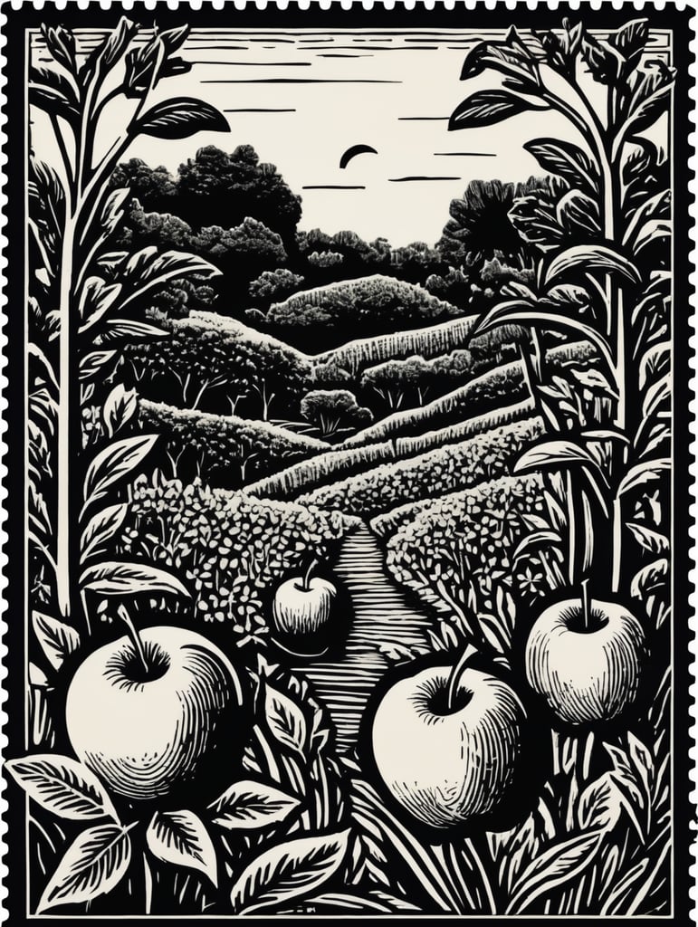 Black and white linocut postage stamp apple garden thick bold dark lines