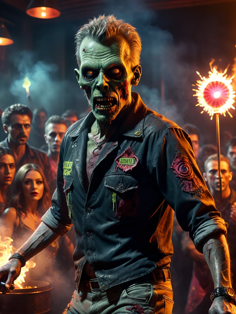 vintage movie cinematic still of a zombie wearing nightclub hip clothing, using an darts, in the style of 1990's party club flyers, fire in the background