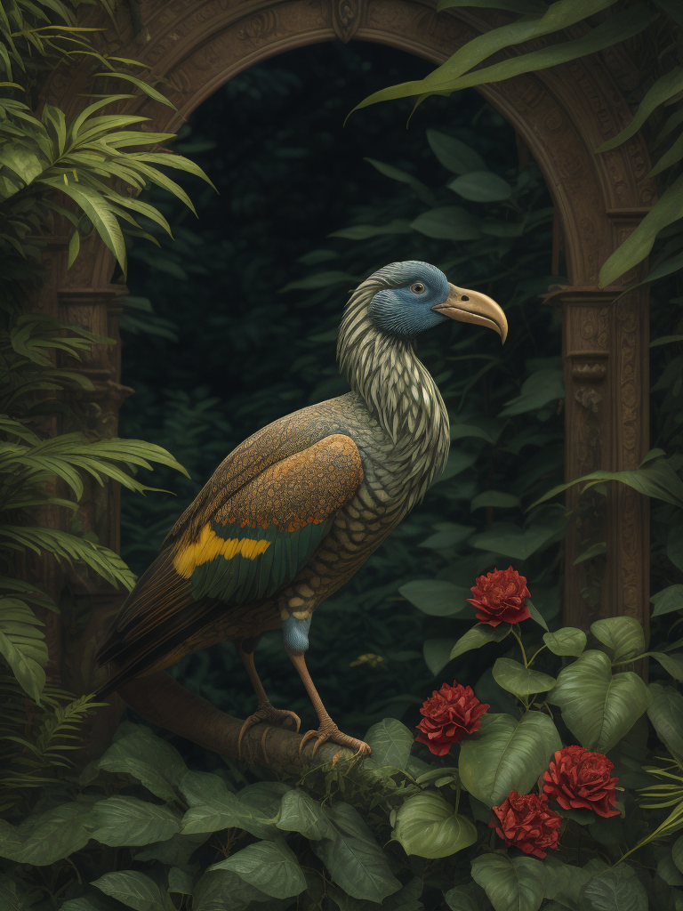 create an illustration in the victorian style of William Morris featuring Dodo (Raphus cucullatus) bird in a lush jungle setting. The illustration should be etched and contain no more than three vibrant colours