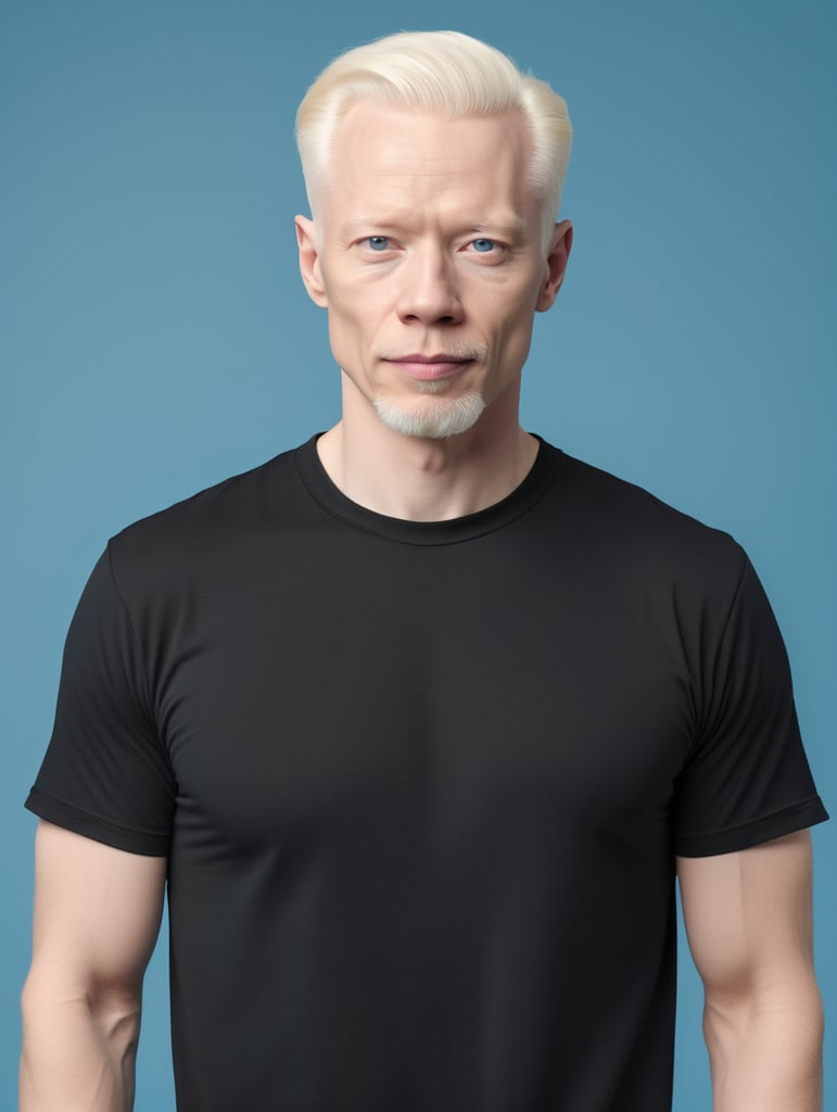 A middle-aged albino man wearing a black T-shirt, isolated, blue background, mockup, mock up