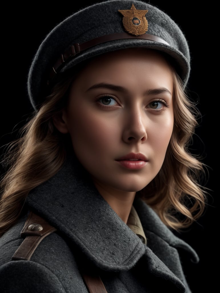 world war 2 era girl in an all-wool mackinaw, isolated, on a black background.