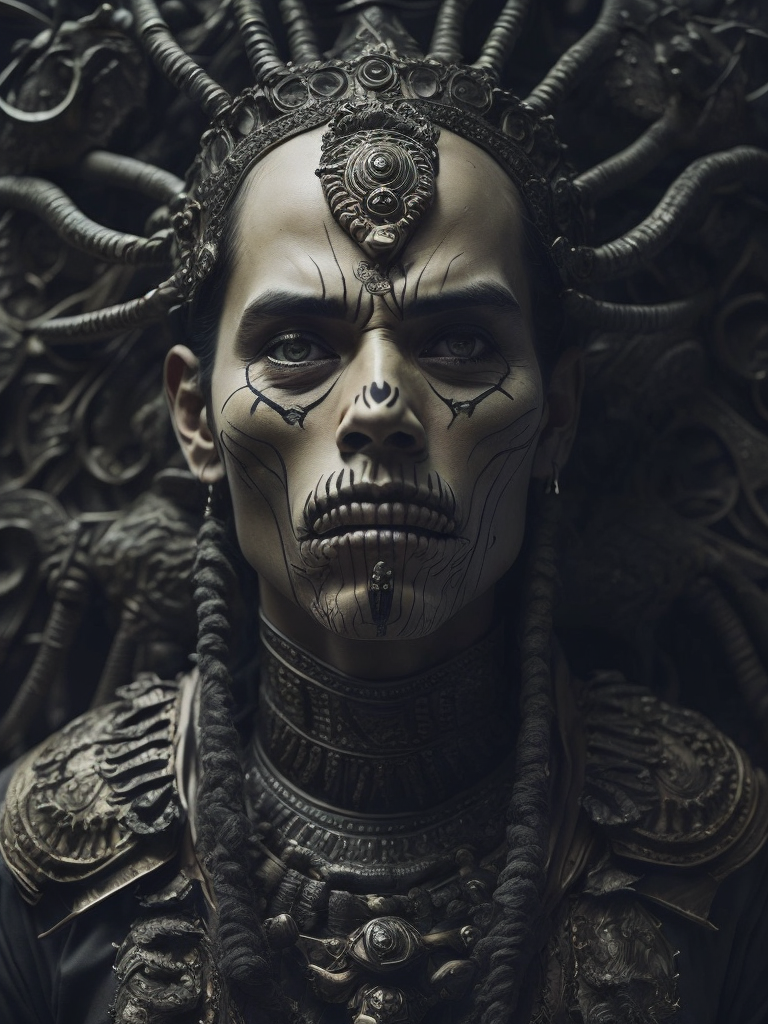 In this powerful and evocative image, mictlantecuhtli, the ancient aztec god of the underworld, emerges in all his ominous glory. rendered predominantly in stark black and white, with subtle gradations of gray, the depiction showcases the deity's menacing presence and serves as a testament to his authority. mictlantecuhtli's face embodies an intense fury, with furrowed brows and eyes ablaze with anger. his facial features are sharp and defined, with deep-set eye sockets that pierce through the darkness. elongated, bony structures form his skeletal visage, accentuating the otherworldly nature of his being. jagged teeth, stained and yellowed, protrude menacingly from his mouth, capturing his ferocity and instilling fear in those who behold him. the environment surrounding mictlantecuhtli reflects the essence of his era, transporting us to the aztec underworld known as mictlan.