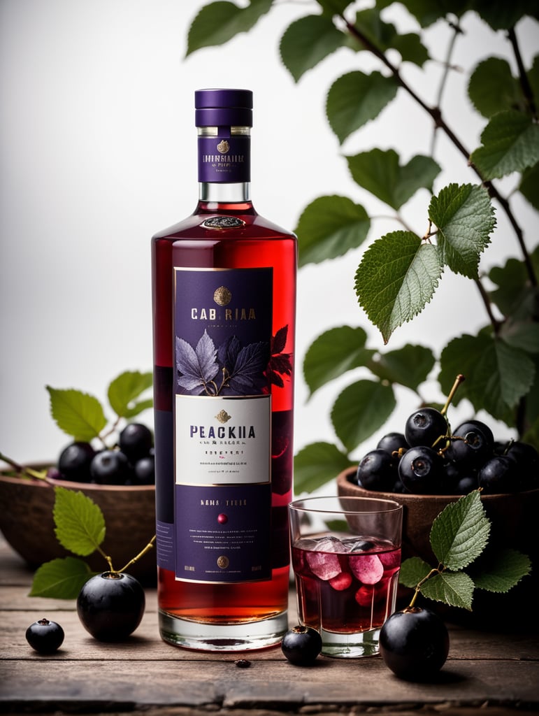 Packaging and branding for a vodka brand as if it had been designed by HI ESTUDIO with In a set design with bricks, black currant and dry leaves.