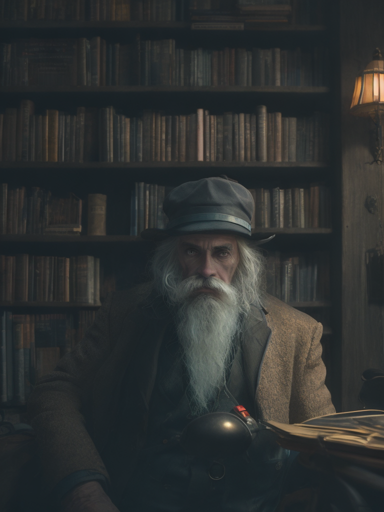 Lovecraftian portrait of a 1920s police detective, gray haired english moustache, bookshelves wide shot, artstation, concept art, illustration, ilya kuvshinov, vintage
