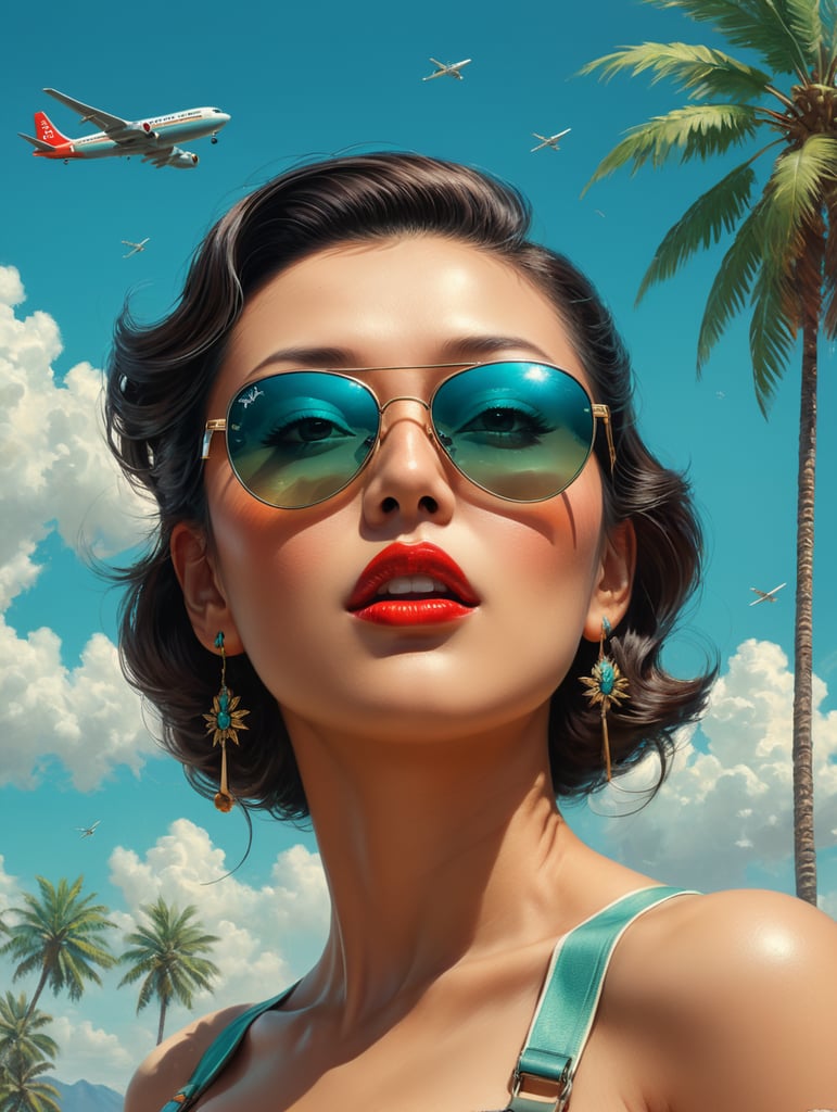 Pin up art, portrait, a old Japanese mafioso raised his head up, looks at the sky, sunglasses, one airplane flies in a clear sky and leaves a mark, summer, palms around, palms reflected on a sunglasses, turquoise shades, style by Gil Elvgren