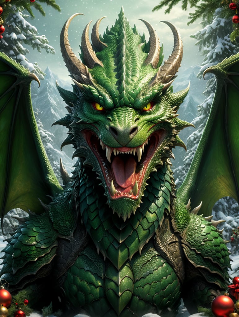 Majestic green dragon, Christmas background