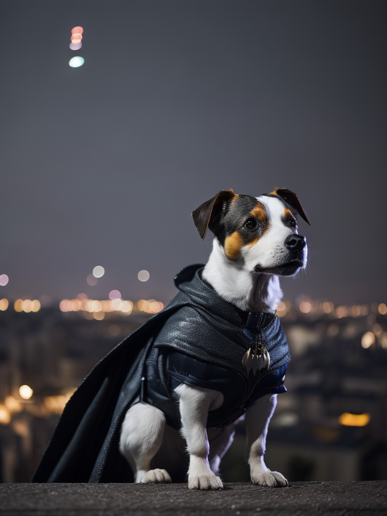 jack russell in a batman costume on the edge of the roof looking at the city