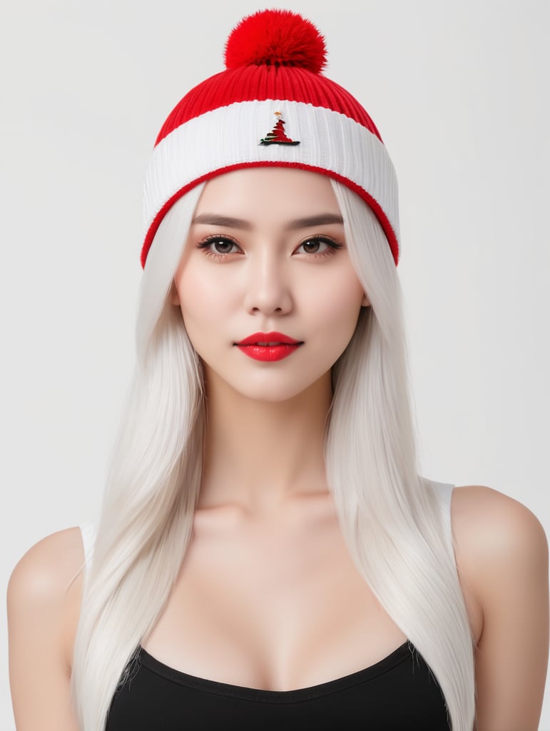 a young women with white hair and red hat on his head is wearing a white lacket, isolated, white background
