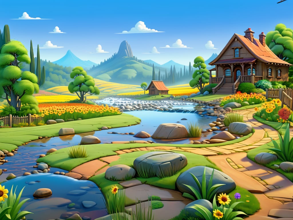 nature landscape, two hills behind of scene one of them dense forest other is stone and desert, lake int he middle of scene, creek coming to point of view, small stone bridge on creek,small waterfall stones of scene's left bottom side, green grasses and colorful flora close to viewer, wooden two story big house on right side on scene with sunflowers on front of it, mud road right bottom side of scene, many hills on fog on background horizon,