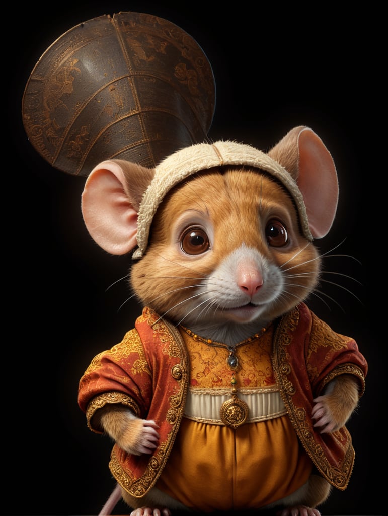 A brown cartoon mouse posing as mona lisa