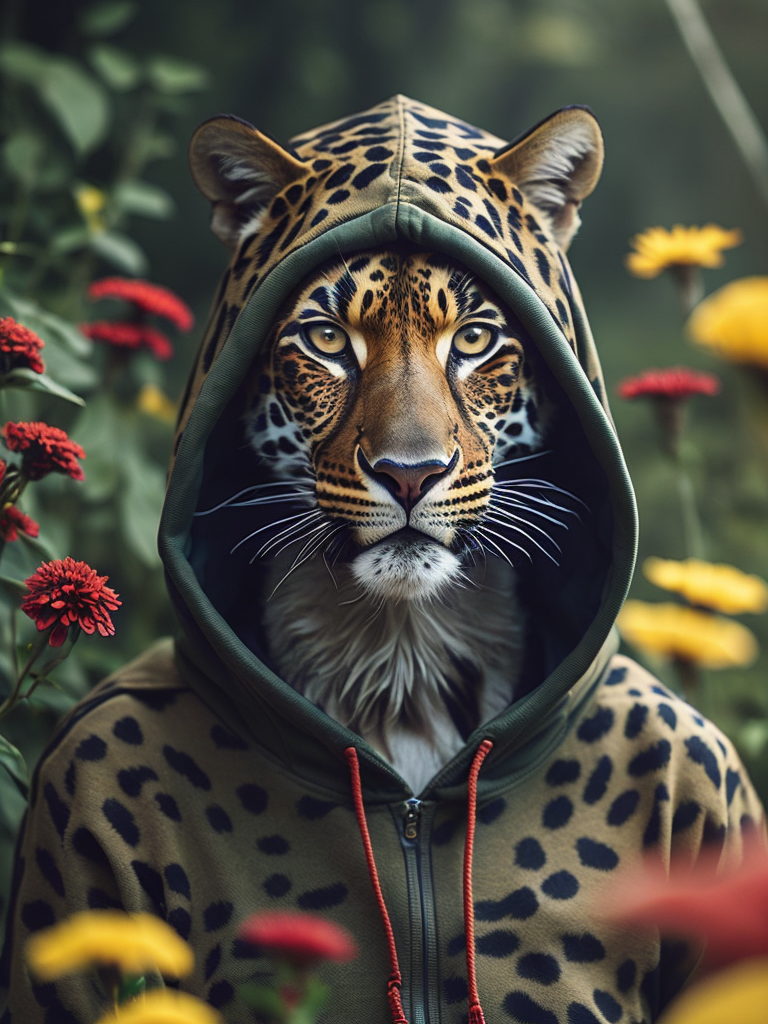 Realistic leopard in green hoodie, flowers and smile, elegant, fashion magazine, strong, powerful, green hoodie, sharp focus, highly detailed, bright and saturated colors, photography in studio, the photo should be waist-length