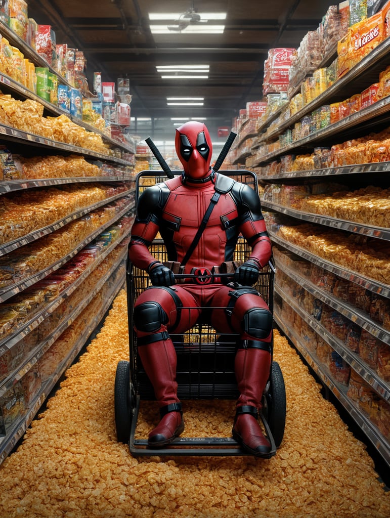 Deadpool fazendo compras com o Wolverine carrinho cheio de Sucrilhos