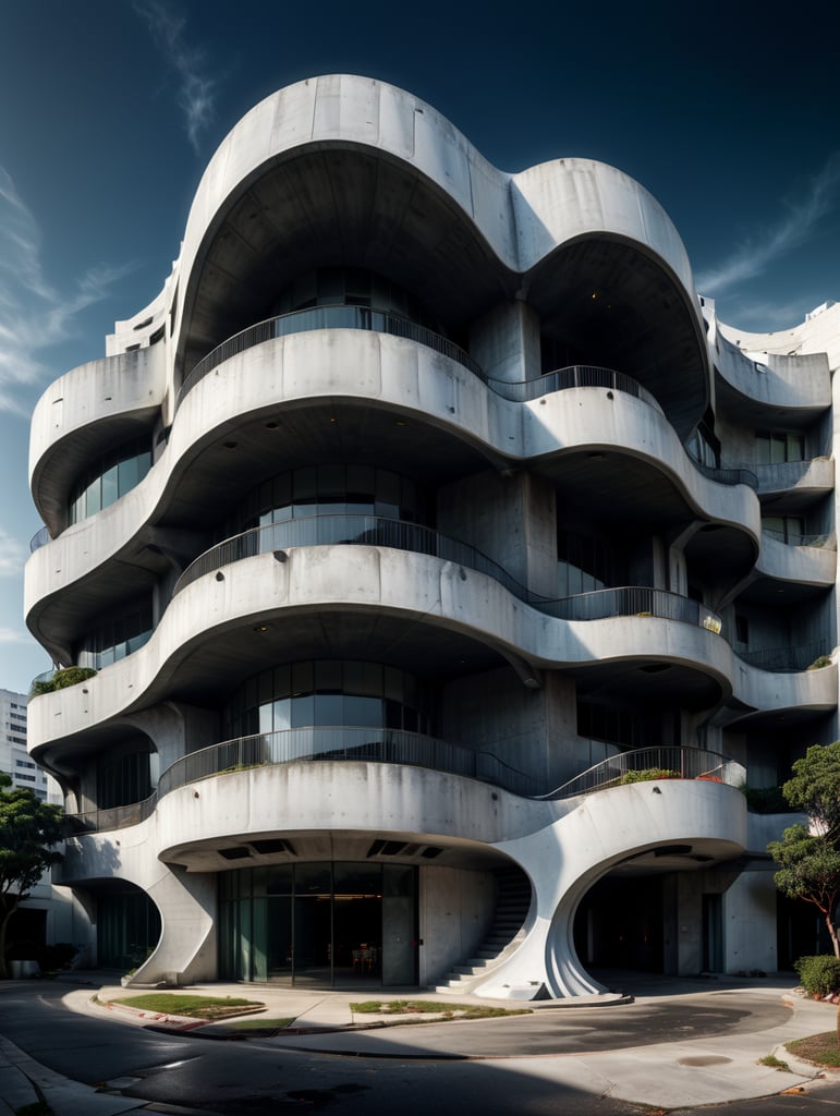 white building with curved shapes in front, in the style of the stars art group (xing xing), women designers, eclectic curatorial style, sculptural costumes, concrete, urban influences, flowing fabrics