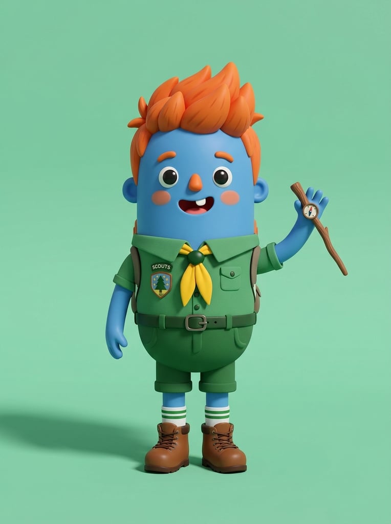 A 3D cartoon boy with a pill-shaped body, spiky orange hair, and a wide single-toothed smile. He wears a green scout uniform and yellow neckerchief. The character stands against a solid mint green background with soft lighting, smooth toy-like textures, and a leftward shadow.