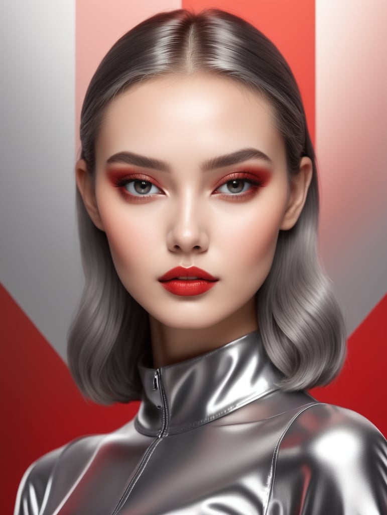 En fondo de colores degrade metalizados desde el rojo al gris, figura principal mujer joven posando como para propaganda de cosméticos