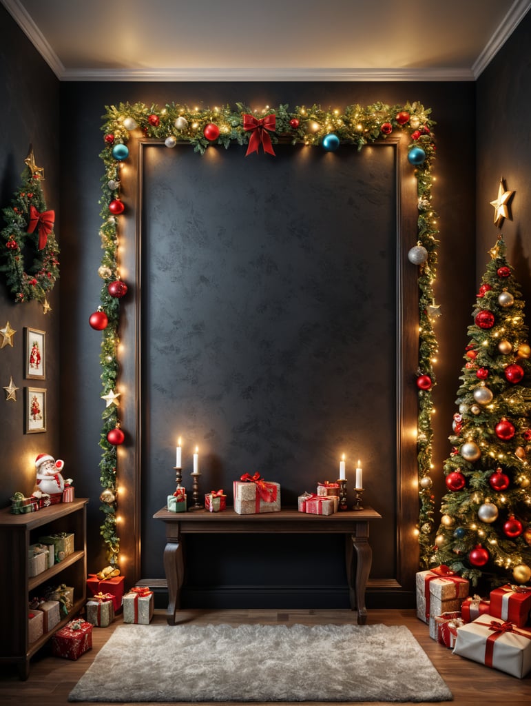 vertical frame wall mockup, nursery with christmas decorations, neutral colors and christmas lights