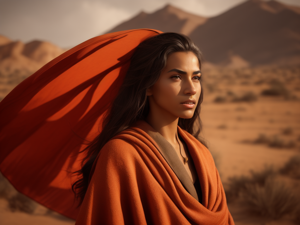 a photorealistic image of an Berber woman from the Bible, noise ring, side view, brown eyes, olive skin, tanned, hair flowing in the wind, extremely detailed, realistic face, natural skin texture, extremely detailed skin with skin pores, peach fuzz, wearing red linen clothes, Israeli beauty, award winning photo, nikon d850 film archival photography, extremely detailed, amazing, fine details, rich color, texture hyper realistic, spectacular lighting, unreal engine, trending on artstation, 3 4 body view, realistic photo, RAW photo, high quality, high resolution, sharp