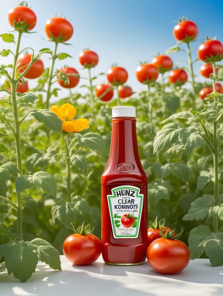 several red tomatoes stacked together forming a Heinz ketchup bottle with some leaves around it, beautiful tomato plantation in the background and a blue sky, short grass and yellow flower + yellow flowers + creamy light + ambient lighting + very beautiful colors