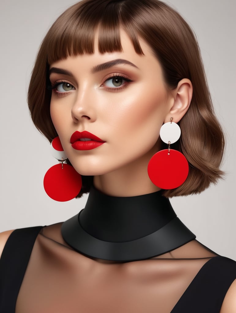 huge long silicone geometric earrings, big silicone geometric necklace, brunette short bob haircut female model, round doll face, italian make-up red lips, shoulders