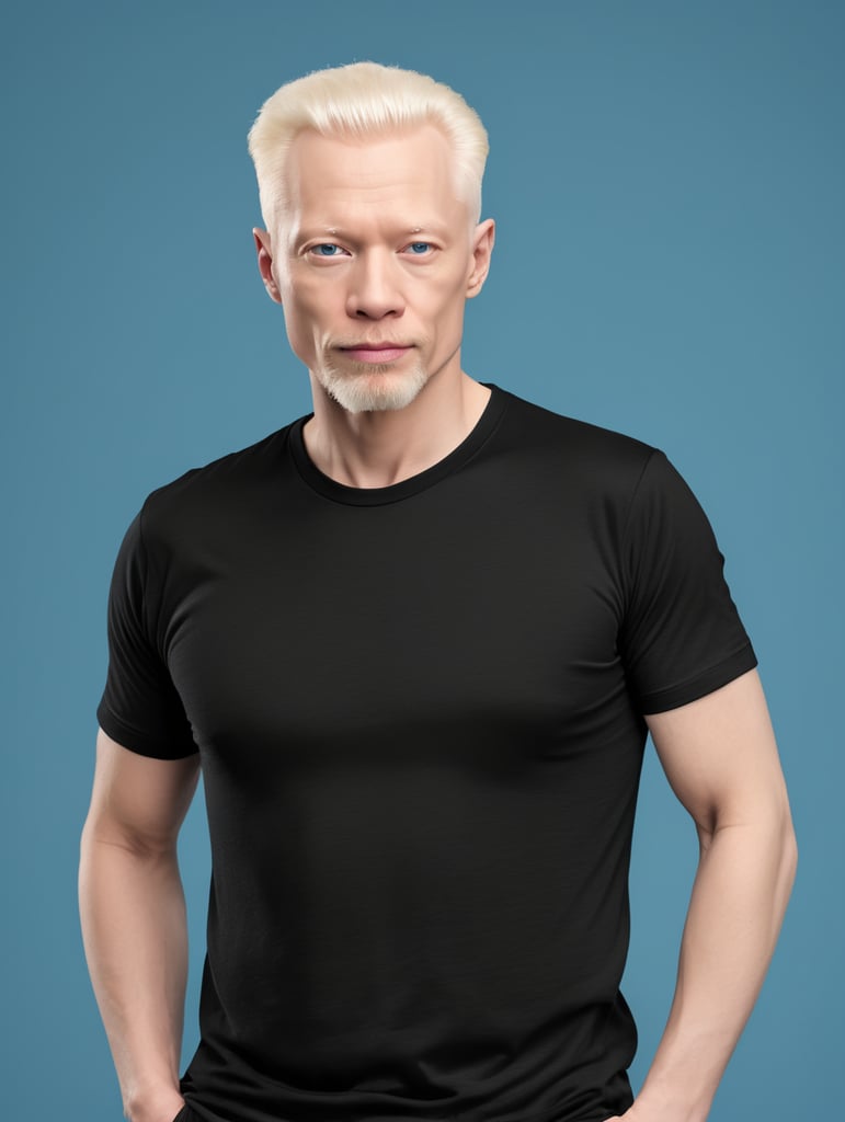A middle-aged albino man wearing a black T-shirt, isolated, blue background, mockup, mock up