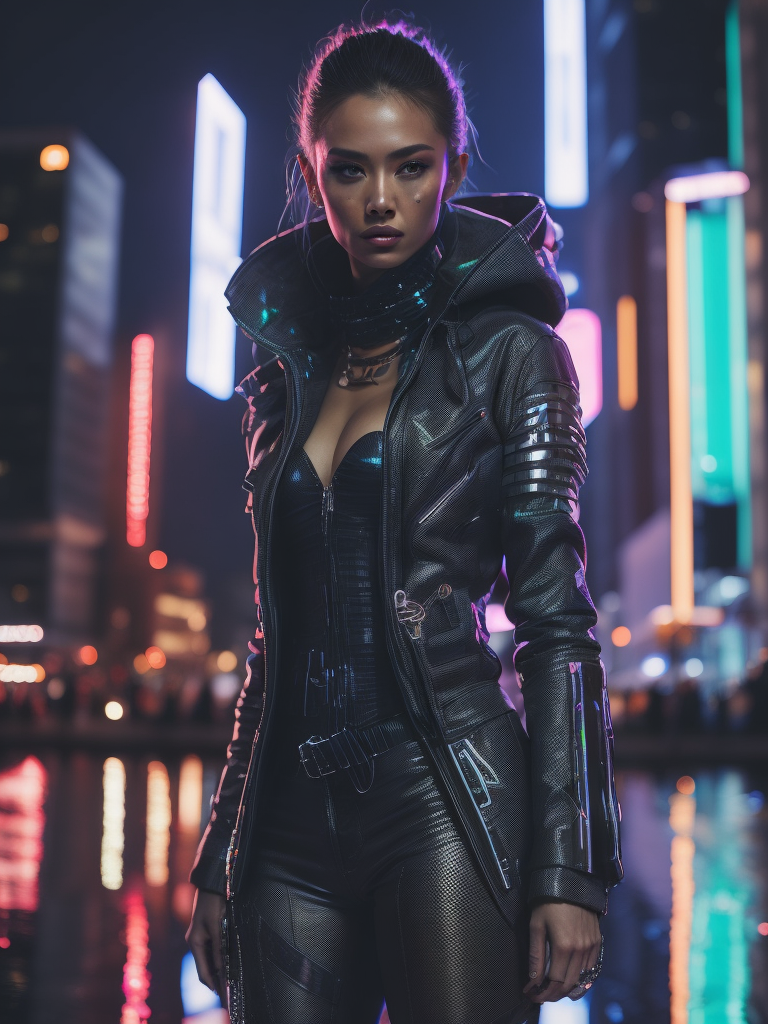 A woman wearing holographic cyberpunk clothing, surrounded by neon-lit cityscape reflections, vray render, ray tracing, subsurface scattering, by Josan Gonzalez and Liang Mark