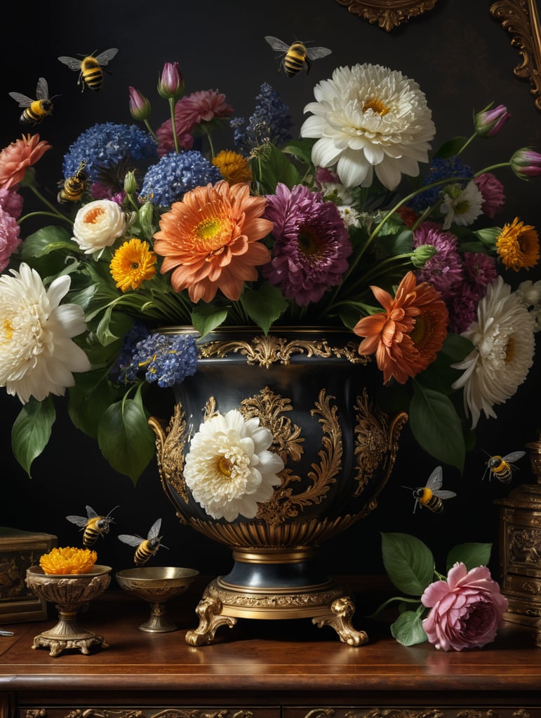 Bos bloemen in antieke vaas op antiek secretaire met vliegende bij