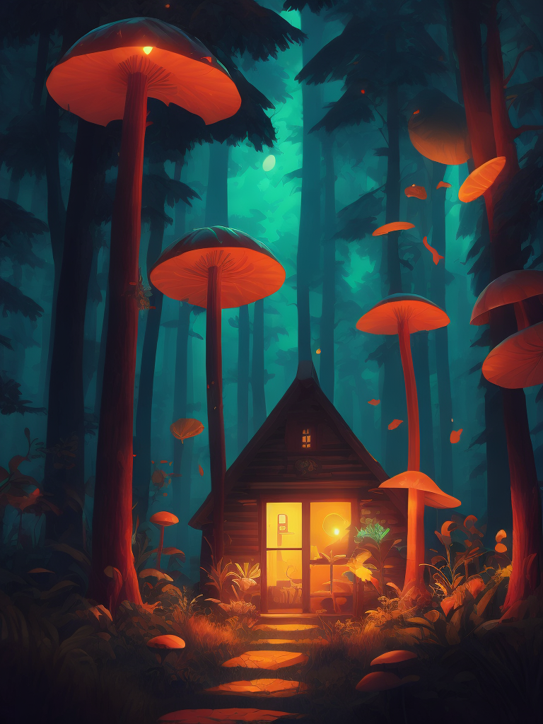 The house in the forest, dark night, leaves in the air, fluorescent mushrooms, animals, gibli, atey ghailan, lois van baarle, jesper ejsing, ernst haeckel, pop art patterns, exquisite lighting, clear focus, very coherent, very detailed, contrast, vibrant, digital painting