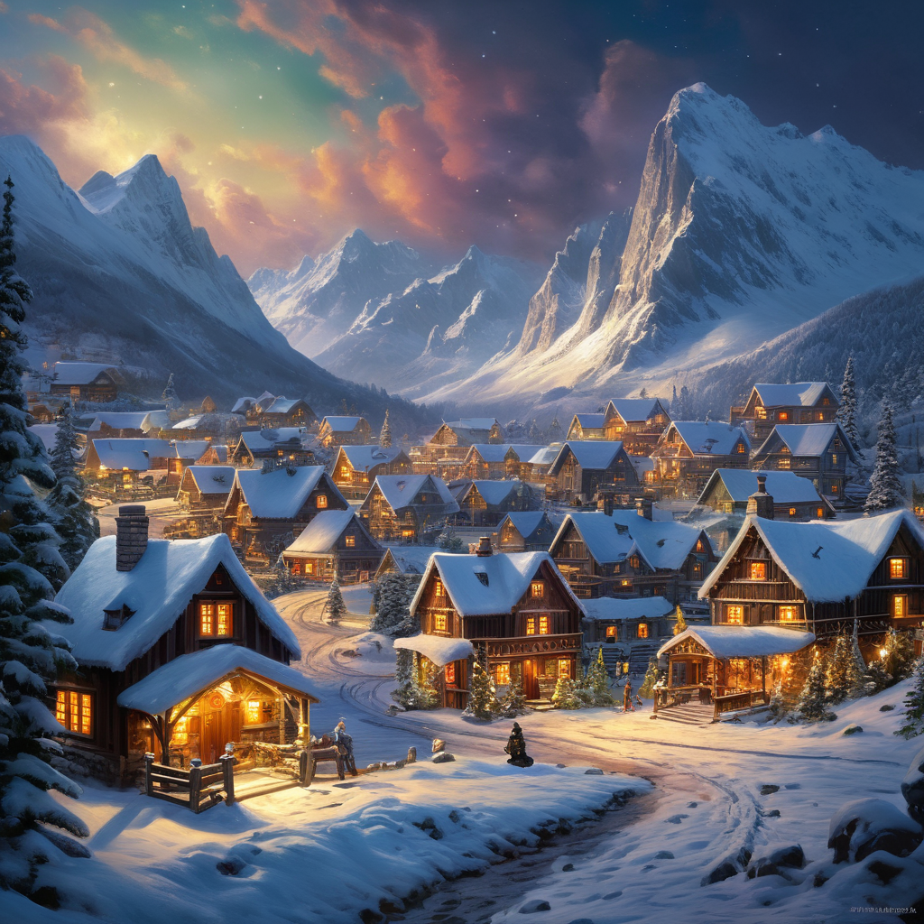 A magical snow-covered village nestled in the mountains, where Santa's workshop stands tall, surrounded by quaint cottages, the northern lights dancing in the sky, and a sense of wonder and anticipation in the air, Painting, oil on canvas,