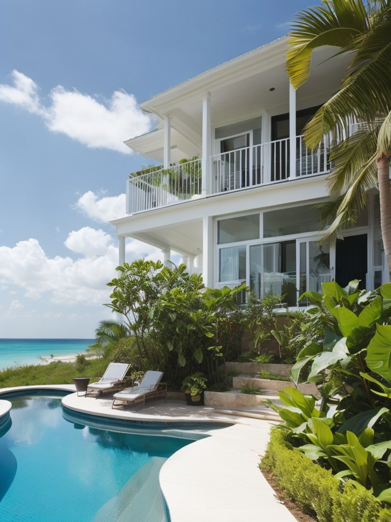 Beach house, white beach, light blue water, tropical plants